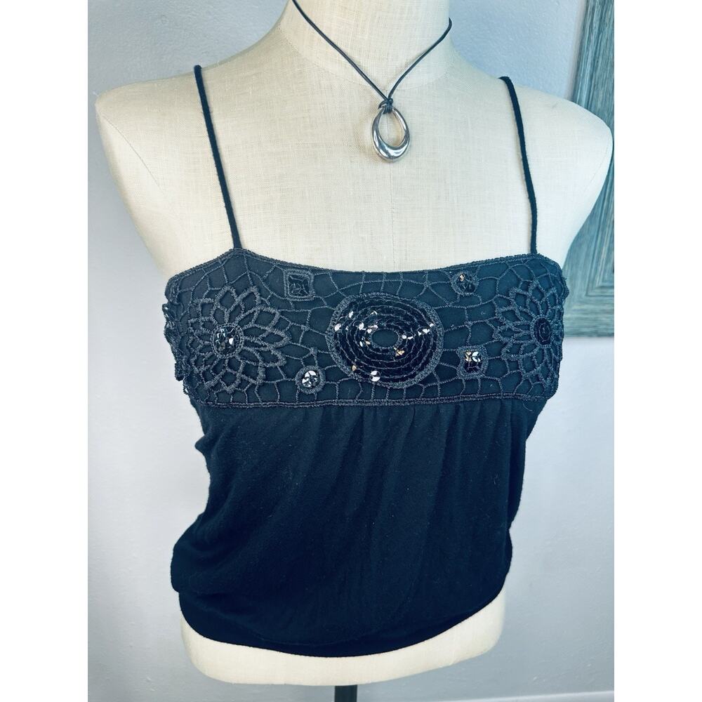 Black Whimsygoth Spaghetti Strap Sequin Embellished Y2K Crochet Tank Small MKM